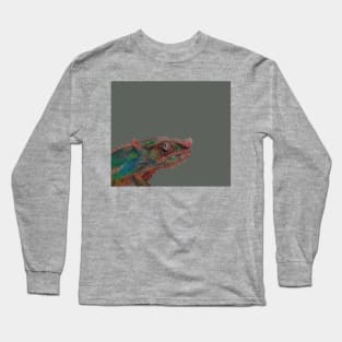 Colorful Chameleon Drawing on Gray Long Sleeve T-Shirt